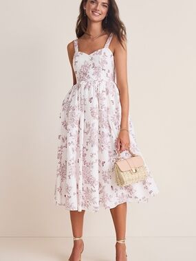 Francesca's Collections White Midi Dress with Dusty Rose Floral Print